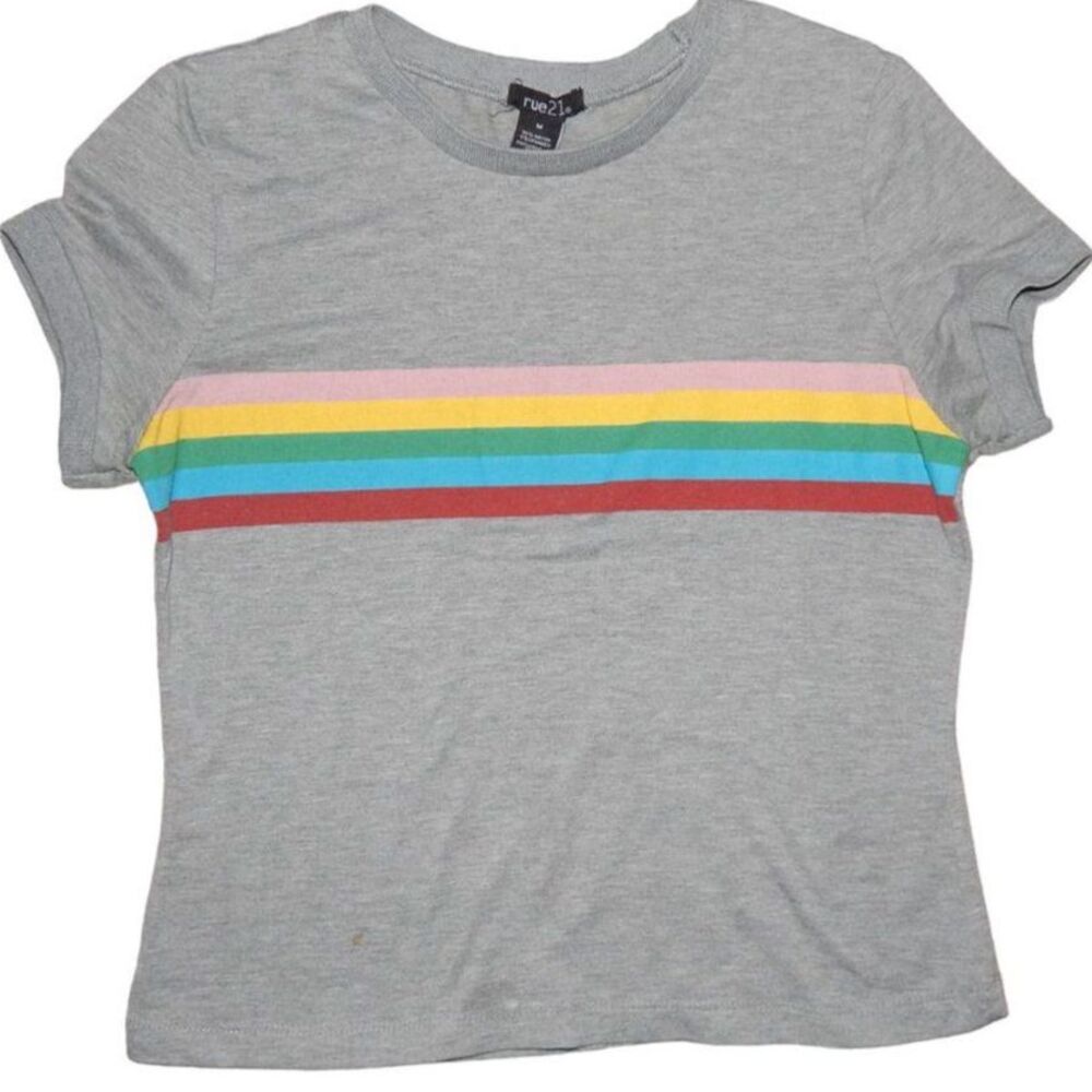 Rue 21 Juniors Medium Gray Striped T-Shirt Multicolor Chest Stripes Rayon Blend